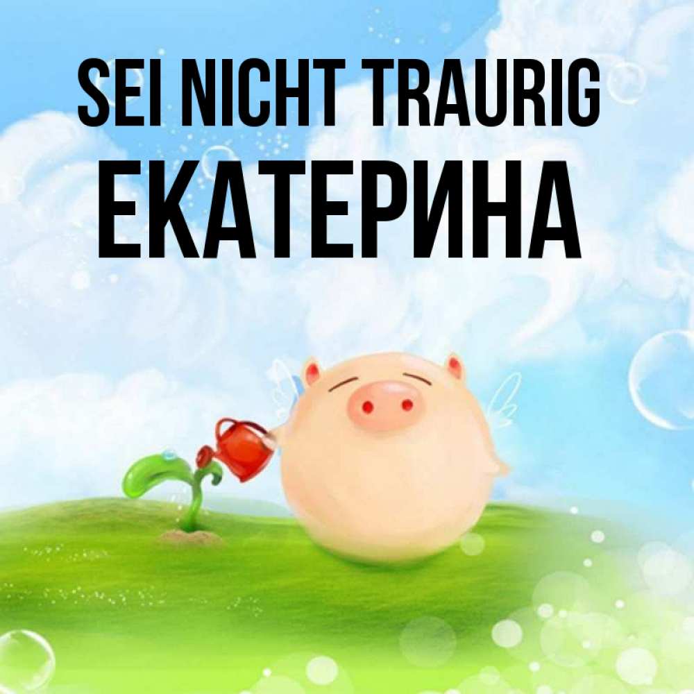 Открытка на каждый день с именем, Екатерина Sei nicht traurig поливает цветок порося Прикольная открытка с пожеланием онлайн скачать бесплатно 