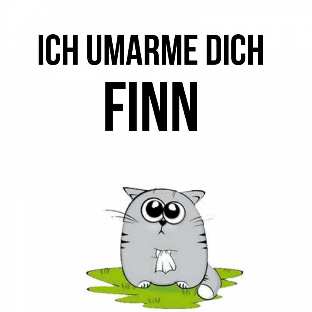 Открытка на каждый день с именем, Finn Ich umarme dich котик теребит платочек сидя на травке Прикольная открытка с пожеланием онлайн скачать бесплатно 