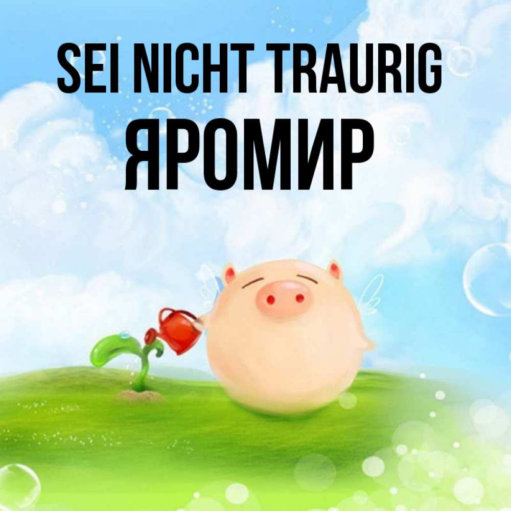 Открытка на каждый день с именем, Яромир Sei nicht traurig поливает цветок порося Прикольная открытка с пожеланием онлайн скачать бесплатно 