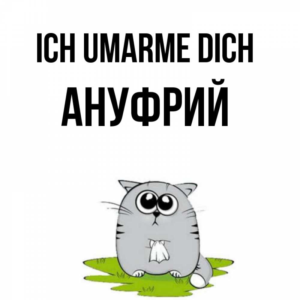 Открытка на каждый день с именем, Ануфрий Ich umarme dich котик теребит платочек сидя на травке Прикольная открытка с пожеланием онлайн скачать бесплатно 