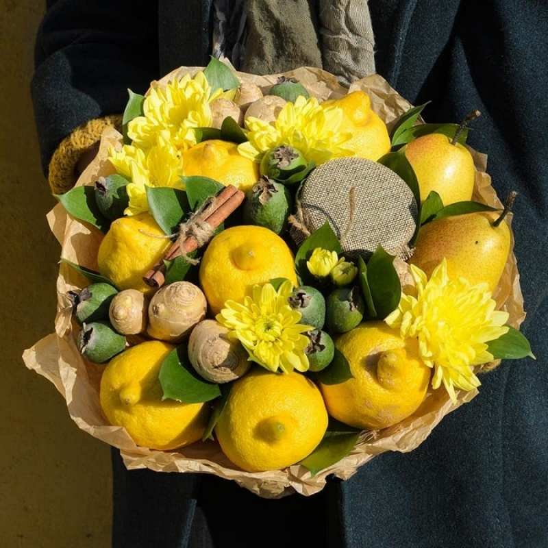 Открытка желтые цветы и лимоны  букет витаминов  Gute Besserung 