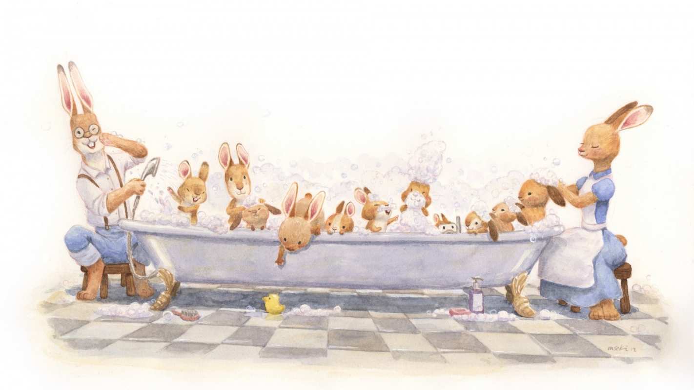 Открытка большая семья мама купает детей  с днем семьи   Mit dem Familientag 