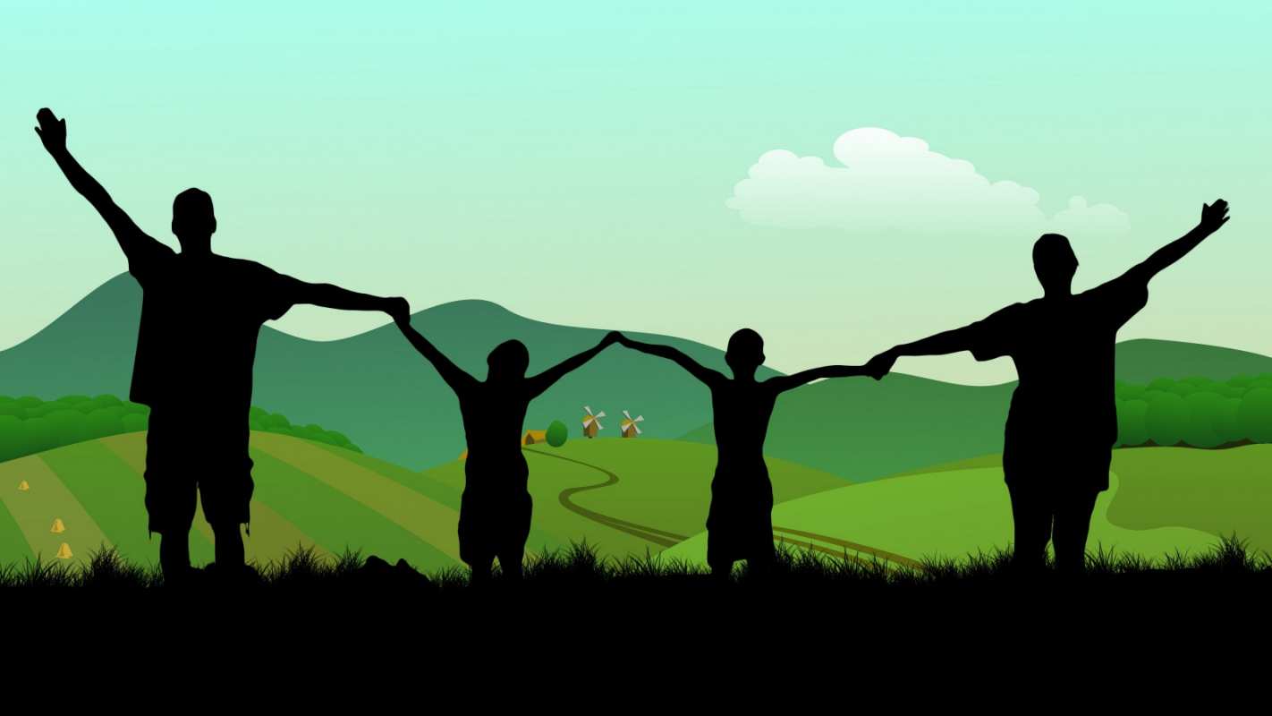 Открытка семья в горах  с днем семьи   Mit dem Familientag 