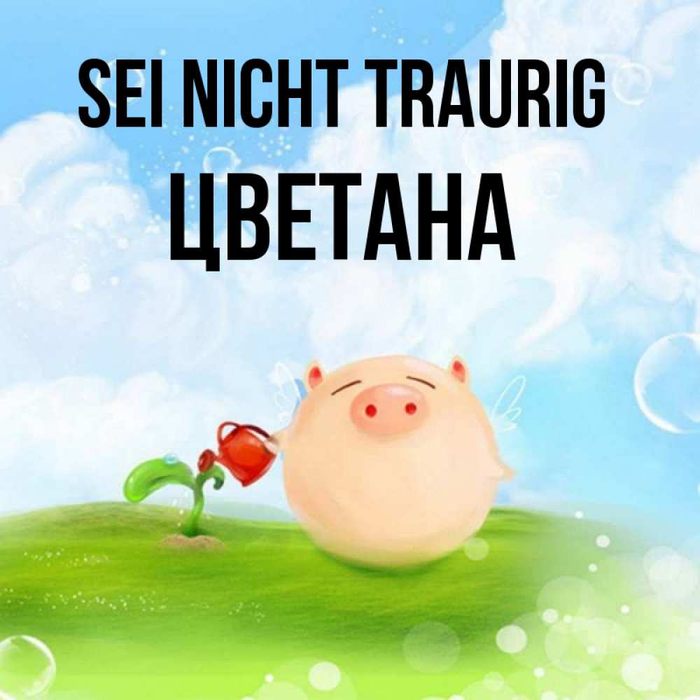 Открытка на каждый день с именем, Цветана Sei nicht traurig поливает цветок порося Прикольная открытка с пожеланием онлайн скачать бесплатно 
