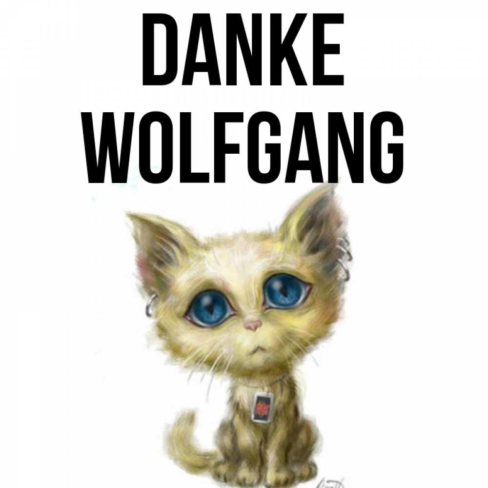 Открытка на каждый день с именем, Wolfgang Danke рисованный кот благодарит вас Прикольная открытка с пожеланием онлайн скачать бесплатно 
