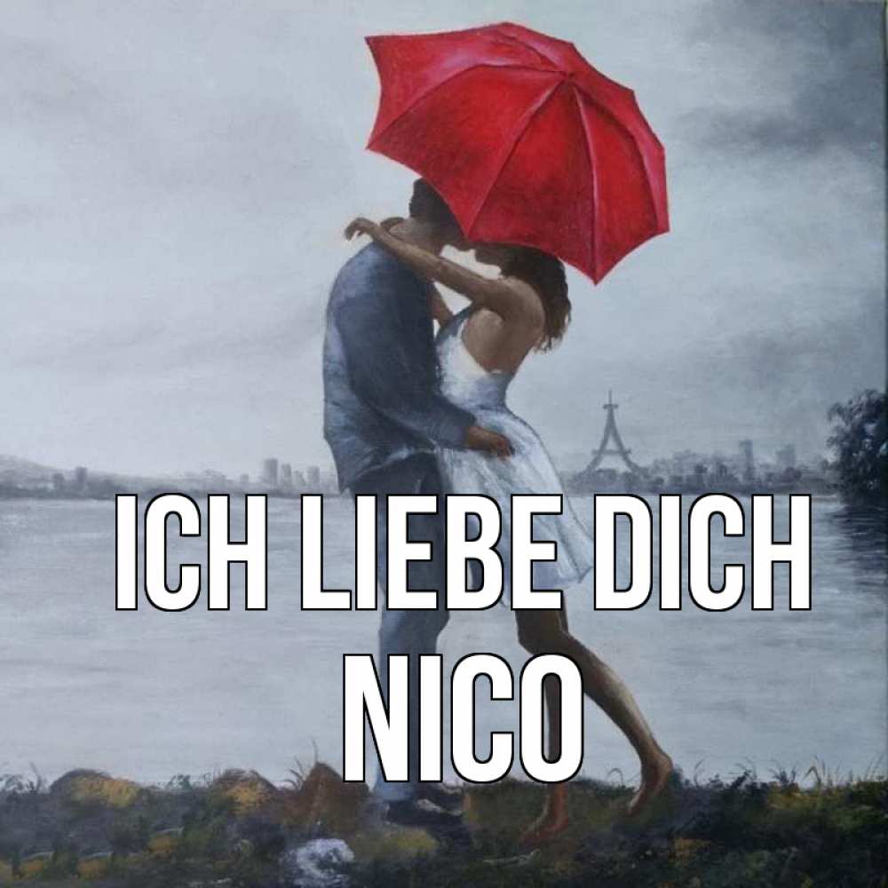 Открытка на каждый день с именем, Nico Ich liebe dich под красным зонтом Прикольная открытка с пожеланием онлайн скачать бесплатно 