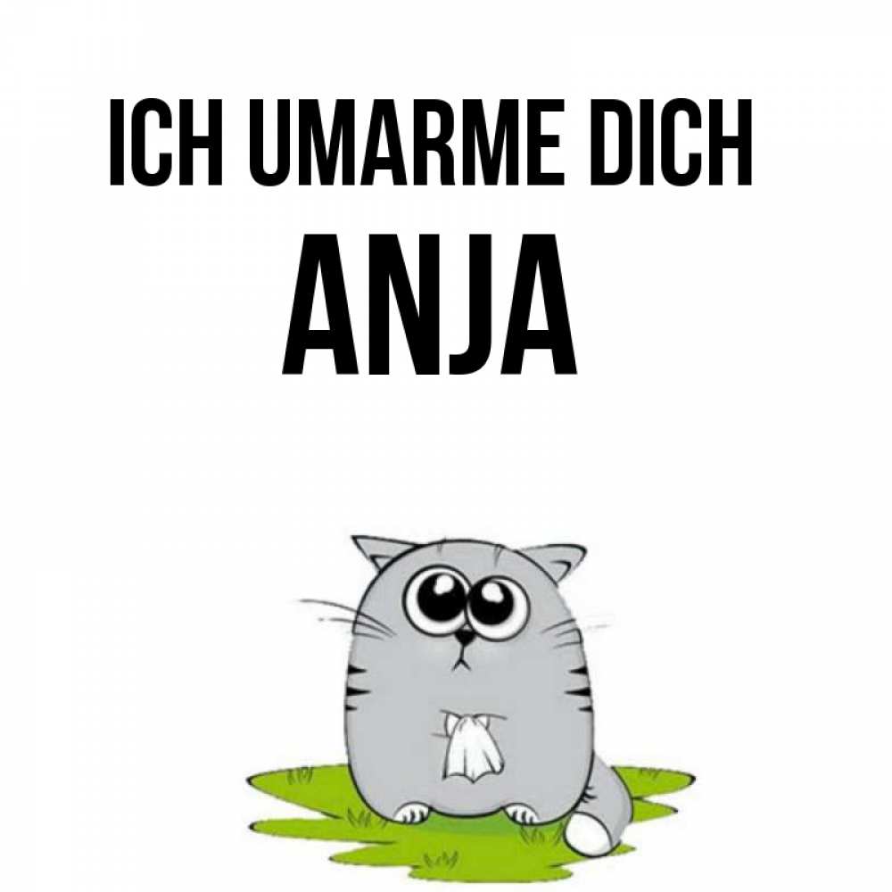 Открытка на каждый день с именем, Anja Ich umarme dich котик теребит платочек сидя на травке Прикольная открытка с пожеланием онлайн скачать бесплатно 