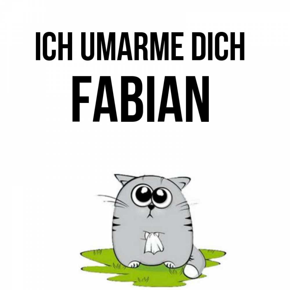 Открытка на каждый день с именем, Fabian Ich umarme dich котик теребит платочек сидя на травке Прикольная открытка с пожеланием онлайн скачать бесплатно 