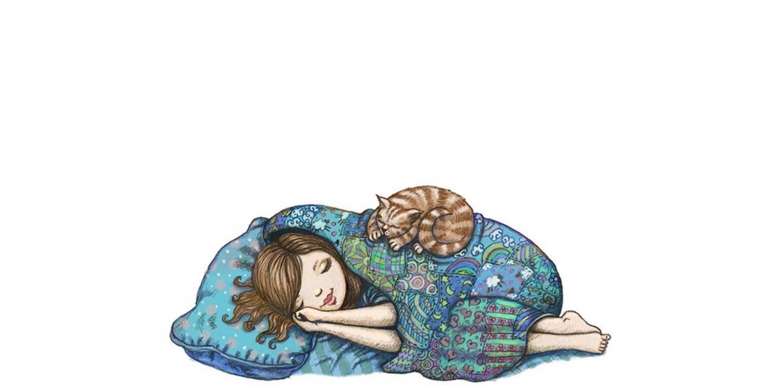 Открытка девочка спит с котом пожелания сладких снов для подруги Gute Nacht 