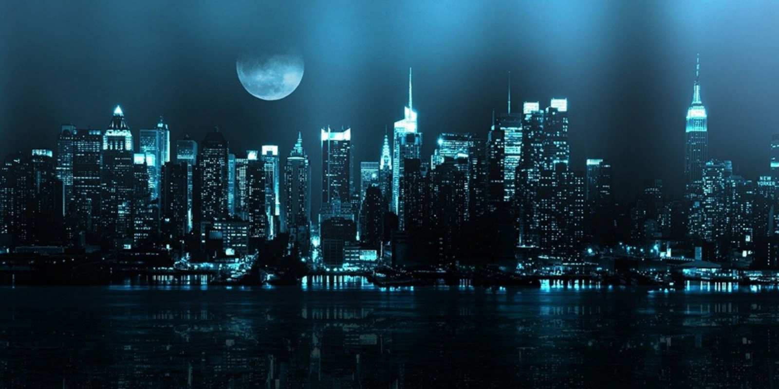 Открытка ночной город и луна городской пейзаж Gute Nacht 