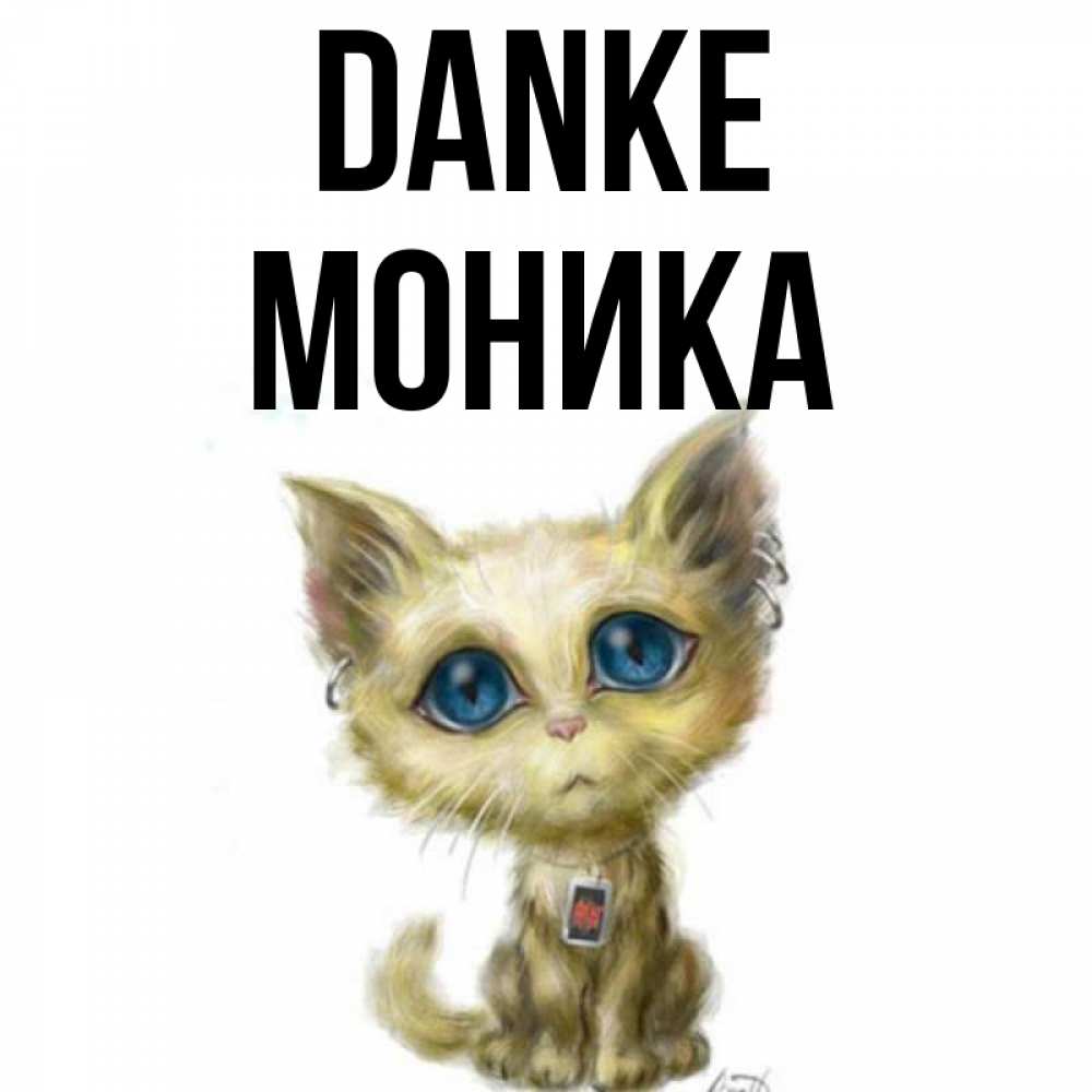Открытка на каждый день с именем, Моника Danke рисованный кот благодарит вас Прикольная открытка с пожеланием онлайн скачать бесплатно 