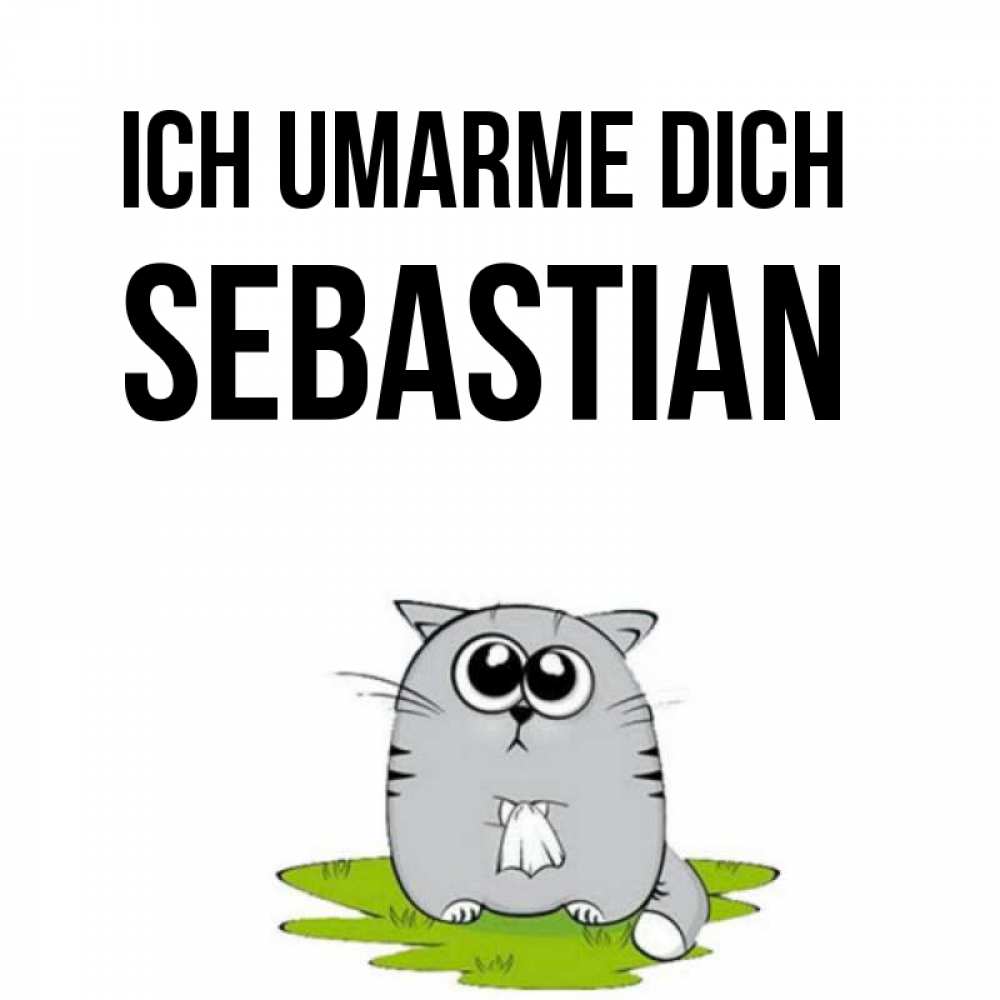 Открытка на каждый день с именем, Sebastian Ich umarme dich котик теребит платочек сидя на травке Прикольная открытка с пожеланием онлайн скачать бесплатно 