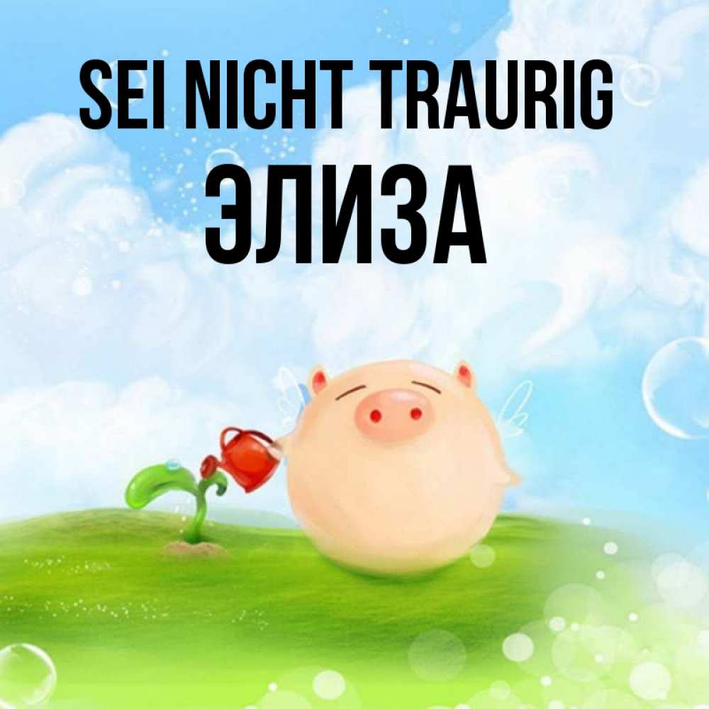 Открытка на каждый день с именем, Элиза Sei nicht traurig поливает цветок порося Прикольная открытка с пожеланием онлайн скачать бесплатно 