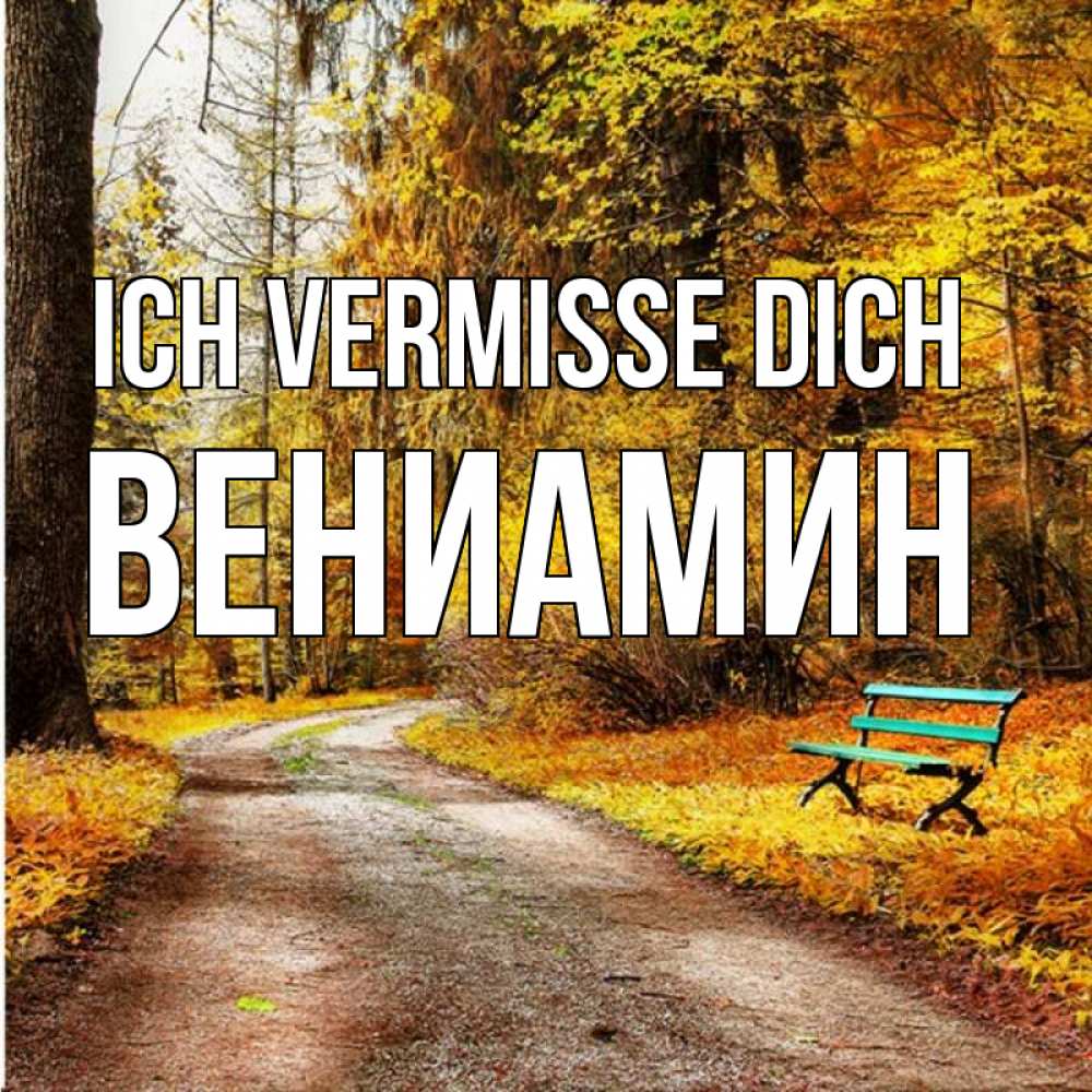 Открытка на каждый день с именем, Вениамин Ich vermisse dich зеленая лавочка и осенний лес Прикольная открытка с пожеланием онлайн скачать бесплатно 