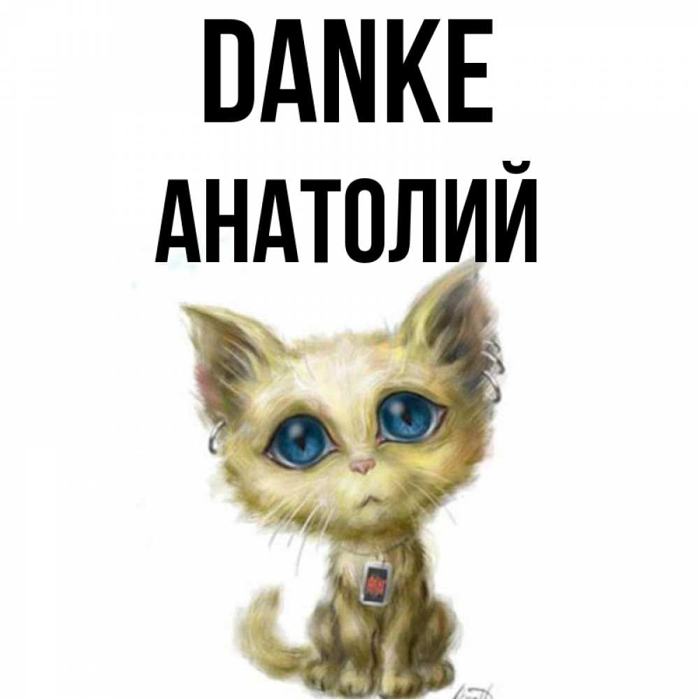Открытка на каждый день с именем, Анатолий Danke рисованный кот благодарит вас Прикольная открытка с пожеланием онлайн скачать бесплатно 