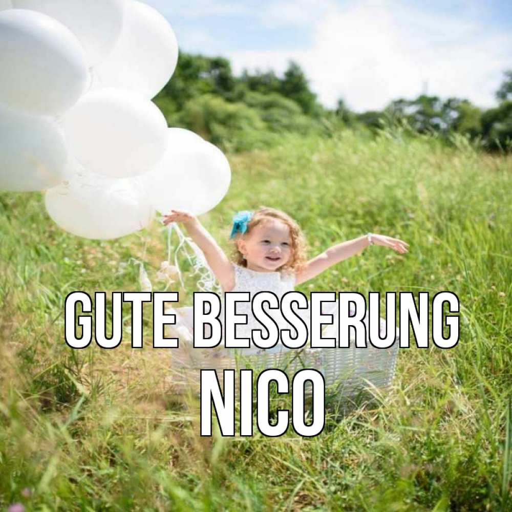 Открытка на каждый день с именем, Nico Gute Besserung девочка сидит в корзине наверное от этого больной должен выздороветь Прикольная открытка с пожеланием онлайн скачать бесплатно 