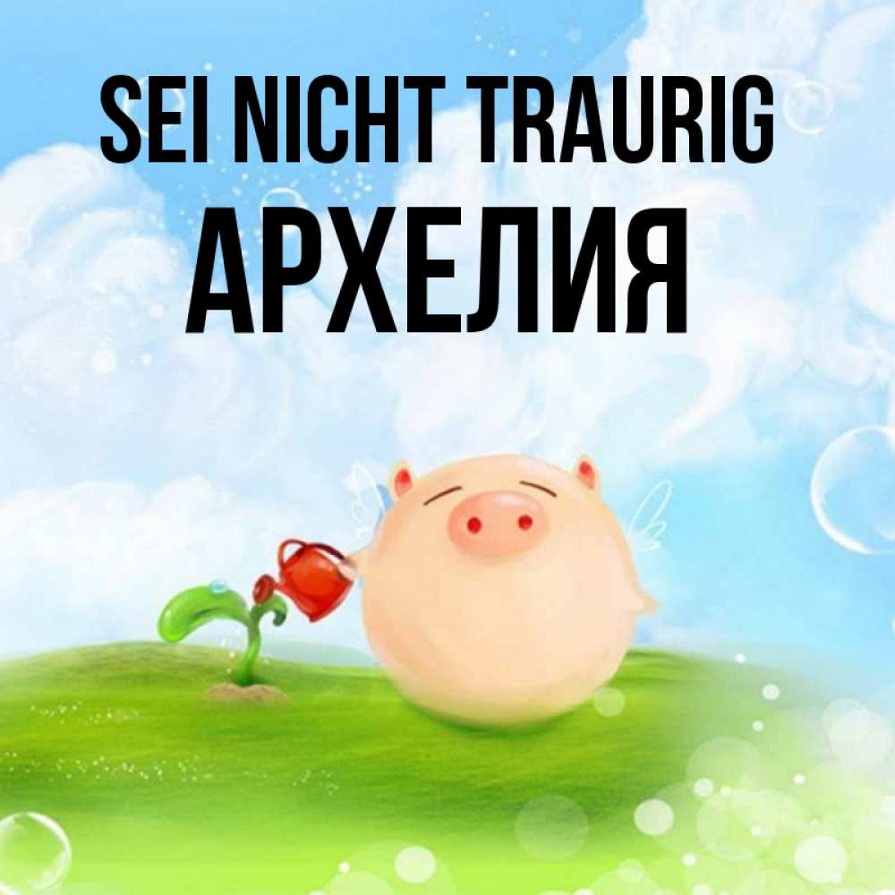 Открытка на каждый день с именем, Архелия Sei nicht traurig поливает цветок порося Прикольная открытка с пожеланием онлайн скачать бесплатно 