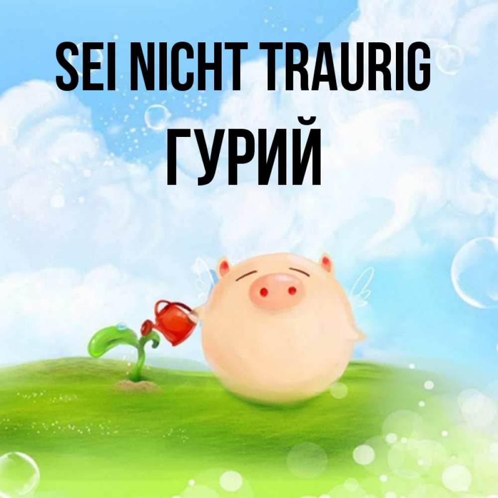 Открытка на каждый день с именем, Гурий Sei nicht traurig поливает цветок порося Прикольная открытка с пожеланием онлайн скачать бесплатно 