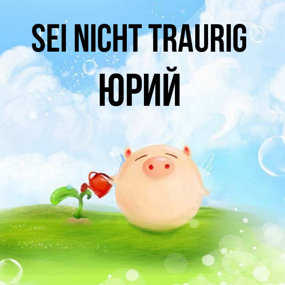 Открытка на каждый день с именем, Юрий Sei nicht traurig поливает цветок порося Прикольная открытка с пожеланием онлайн скачать бесплатно 