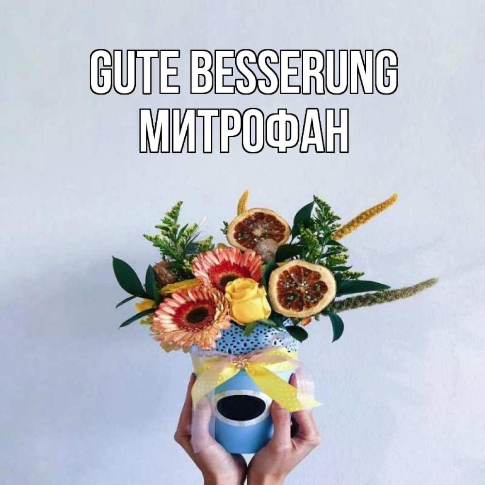 Открытка на каждый день с именем, Митрофан Gute Besserung в руках букет полезный Прикольная открытка с пожеланием онлайн скачать бесплатно 
