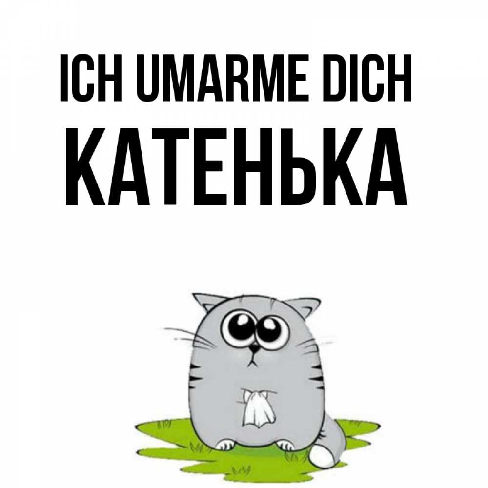 Открытка на каждый день с именем, Катенька Ich umarme dich котик теребит платочек сидя на травке Прикольная открытка с пожеланием онлайн скачать бесплатно 