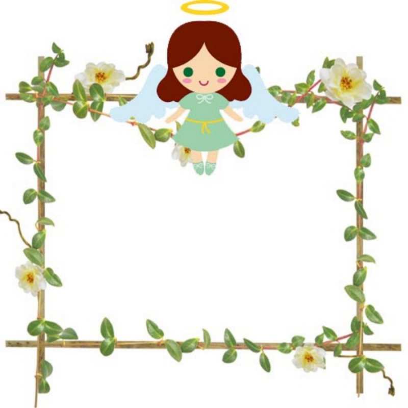 Открытка Ангел сидит на рамочке из цветов  Ангел с нимбом  Mit einem Engelstag 