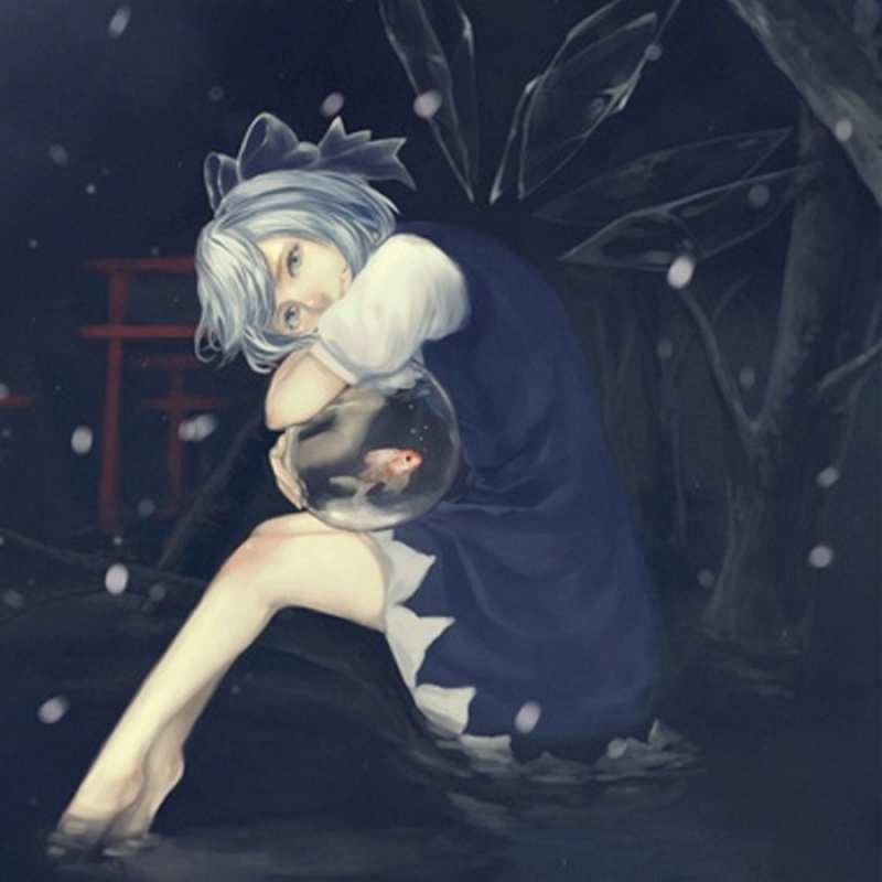 Открытка фея сидит  девушка и рыбка в аквариуме  Sei nicht traurig 