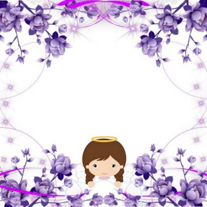 Открытка Ангел с нимбом и фиолетовые цветы  с именинами в рамочке  Mit einem Engelstag 