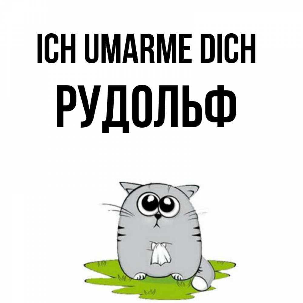 Открытка на каждый день с именем, Рудольф Ich umarme dich котик теребит платочек сидя на травке Прикольная открытка с пожеланием онлайн скачать бесплатно 