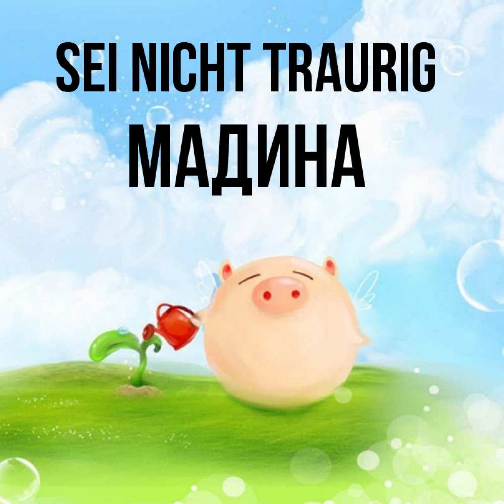 Открытка на каждый день с именем, Мадина Sei nicht traurig поливает цветок порося Прикольная открытка с пожеланием онлайн скачать бесплатно 