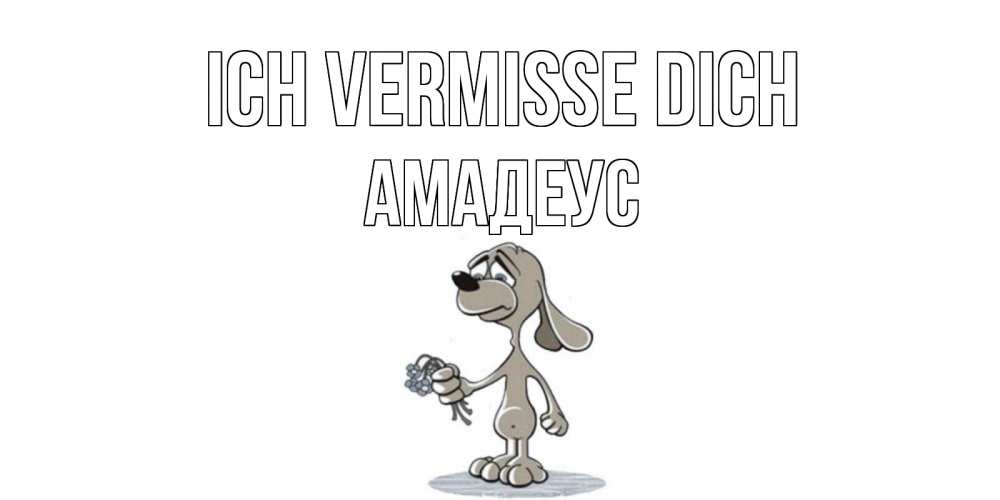 Открытка на каждый день с именем, Амадеус Ich vermisse dich я по тебе скучаю с песиком Прикольная открытка с пожеланием онлайн скачать бесплатно 