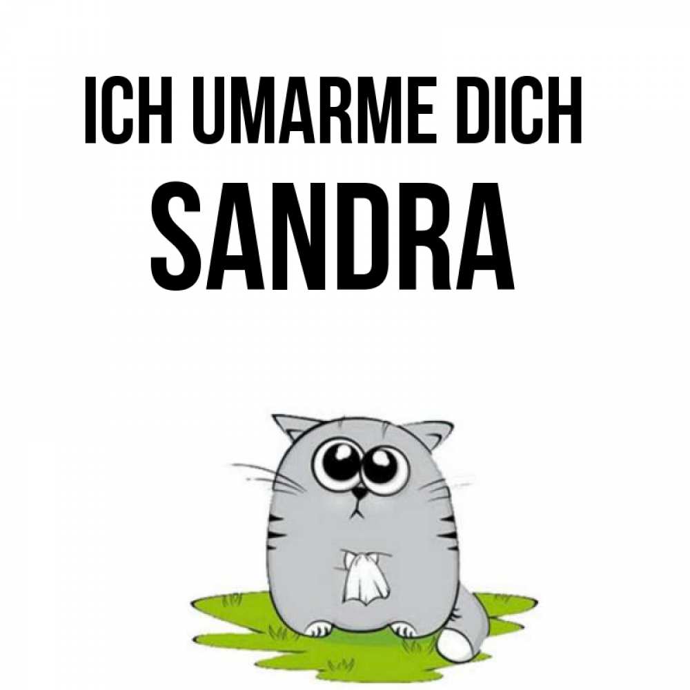 Открытка на каждый день с именем, Sandra Ich umarme dich котик теребит платочек сидя на травке Прикольная открытка с пожеланием онлайн скачать бесплатно 