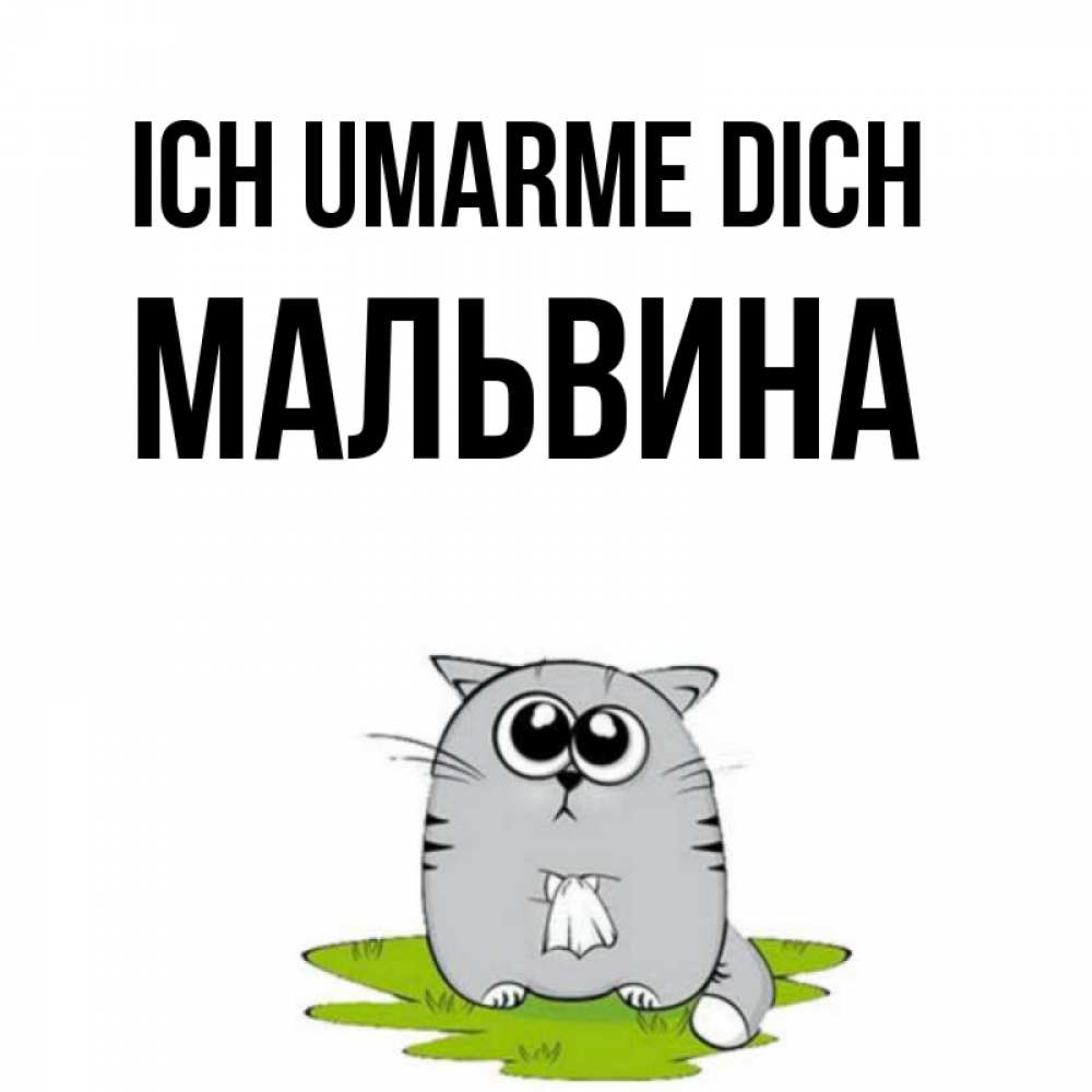 Открытка на каждый день с именем, Мальвина Ich umarme dich котик теребит платочек сидя на травке Прикольная открытка с пожеланием онлайн скачать бесплатно 