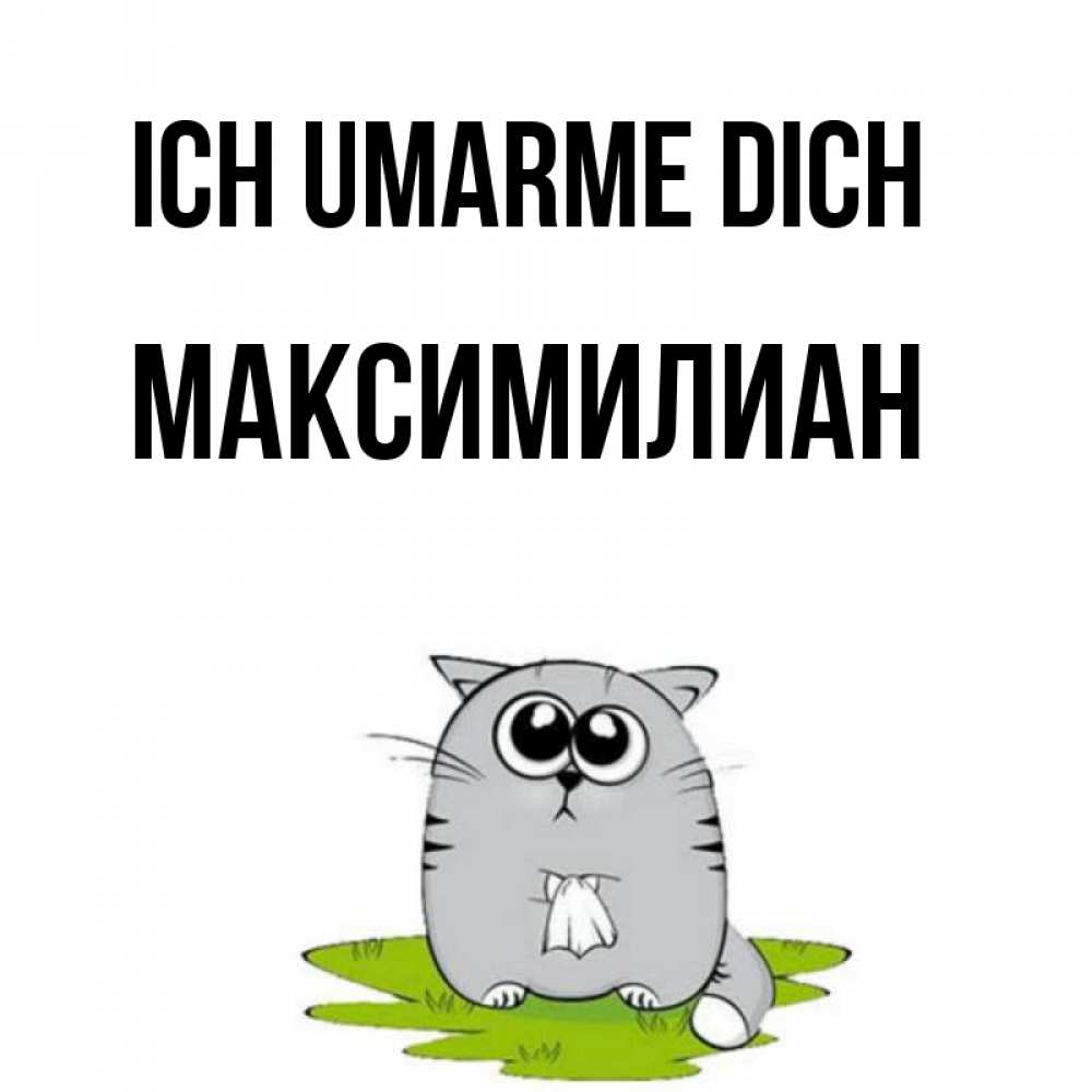 Открытка на каждый день с именем, Максимилиан Ich umarme dich котик теребит платочек сидя на травке Прикольная открытка с пожеланием онлайн скачать бесплатно 