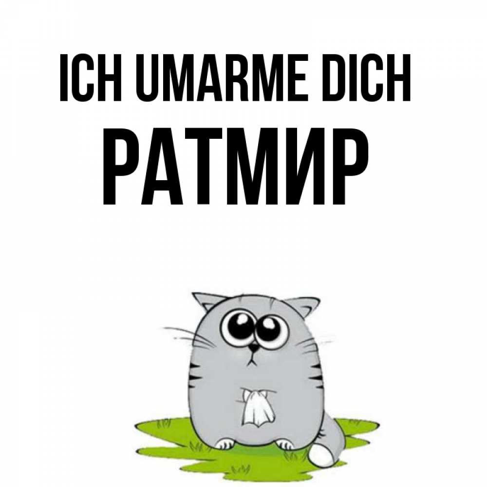 Открытка на каждый день с именем, Ратмир Ich umarme dich котик теребит платочек сидя на травке Прикольная открытка с пожеланием онлайн скачать бесплатно 
