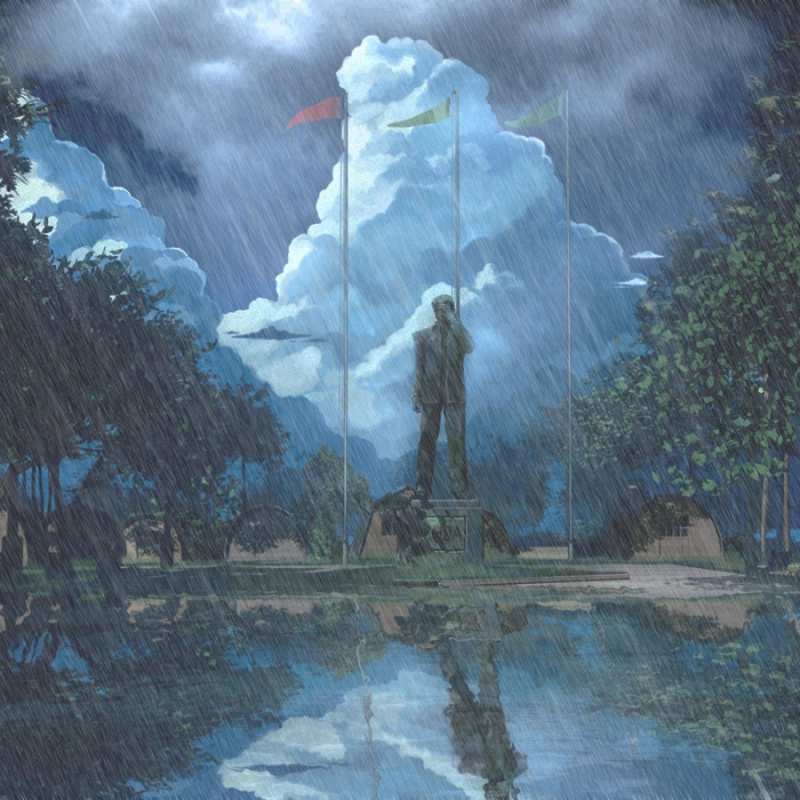 Открытка памятник под дождем  небо и флаги  Sei nicht traurig 