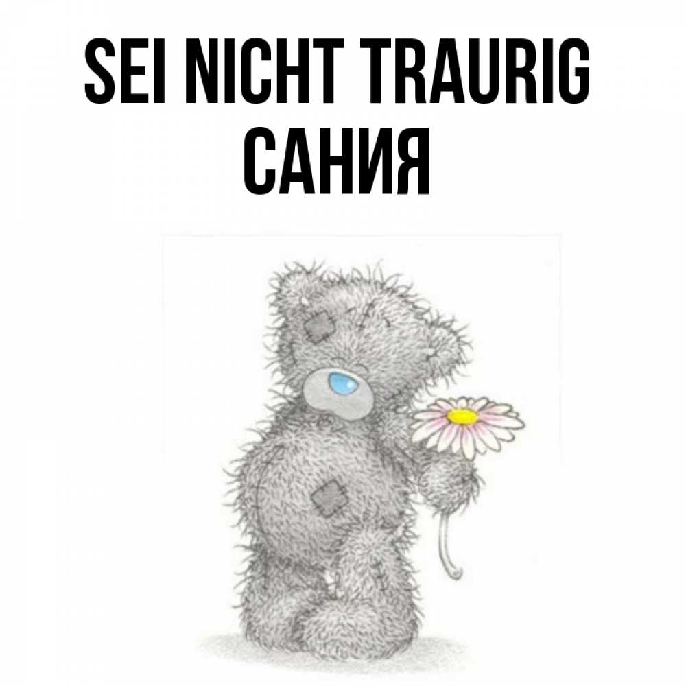 Открытка на каждый день с именем, Сания Sei nicht traurig Плюшевый медвежонок с заплатками Прикольная открытка с пожеланием онлайн скачать бесплатно 