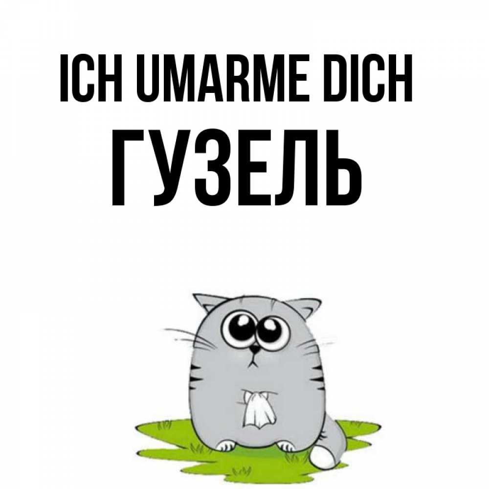 Открытка на каждый день с именем, Гузель Ich umarme dich котик теребит платочек сидя на травке Прикольная открытка с пожеланием онлайн скачать бесплатно 