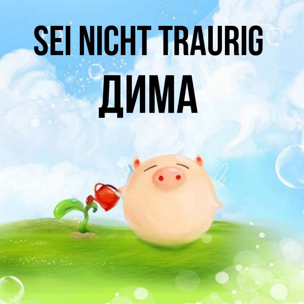 Открытка на каждый день с именем, Дима Sei nicht traurig поливает цветок порося Прикольная открытка с пожеланием онлайн скачать бесплатно 