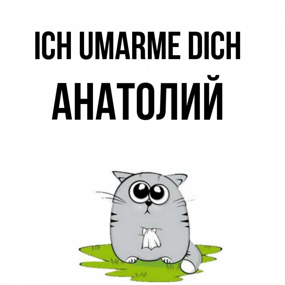 Открытка на каждый день с именем, Анатолий Ich umarme dich котик теребит платочек сидя на травке Прикольная открытка с пожеланием онлайн скачать бесплатно 