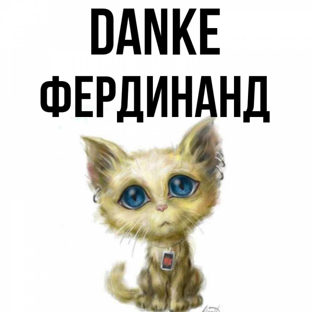 Открытка на каждый день с именем, Фердинанд Danke рисованный кот благодарит вас Прикольная открытка с пожеланием онлайн скачать бесплатно 