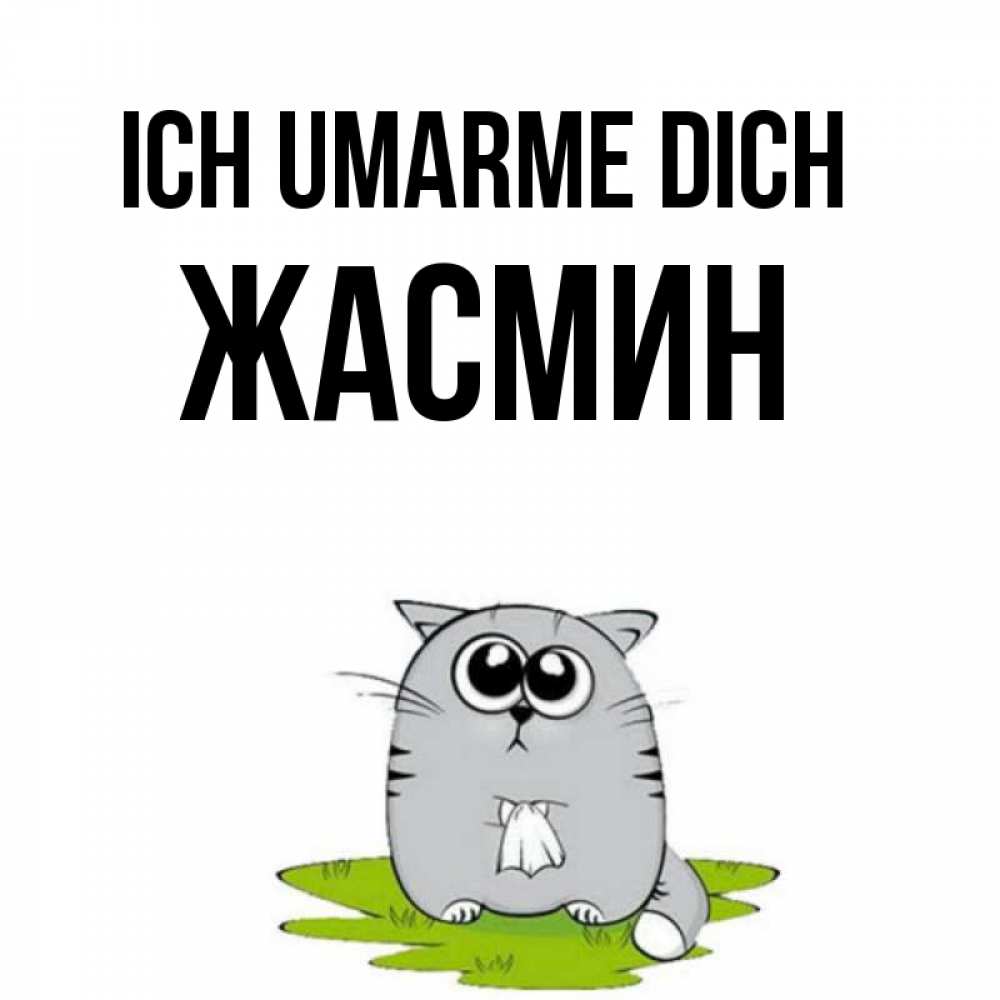 Открытка на каждый день с именем, Жасмин Ich umarme dich котик теребит платочек сидя на травке Прикольная открытка с пожеланием онлайн скачать бесплатно 