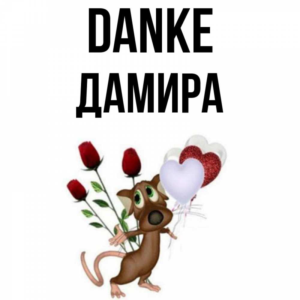 Открытка на каждый день с именем, Дамира Danke песик с шариками в форме сердец Прикольная открытка с пожеланием онлайн скачать бесплатно 