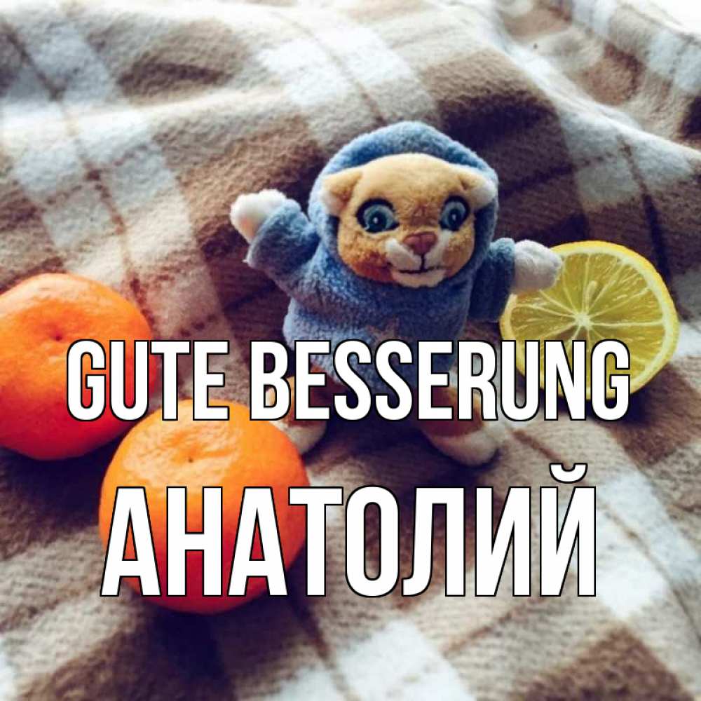 Открытка на каждый день с именем, Анатолий Gute Besserung вот тебе апельсинка и лимон Прикольная открытка с пожеланием онлайн скачать бесплатно 