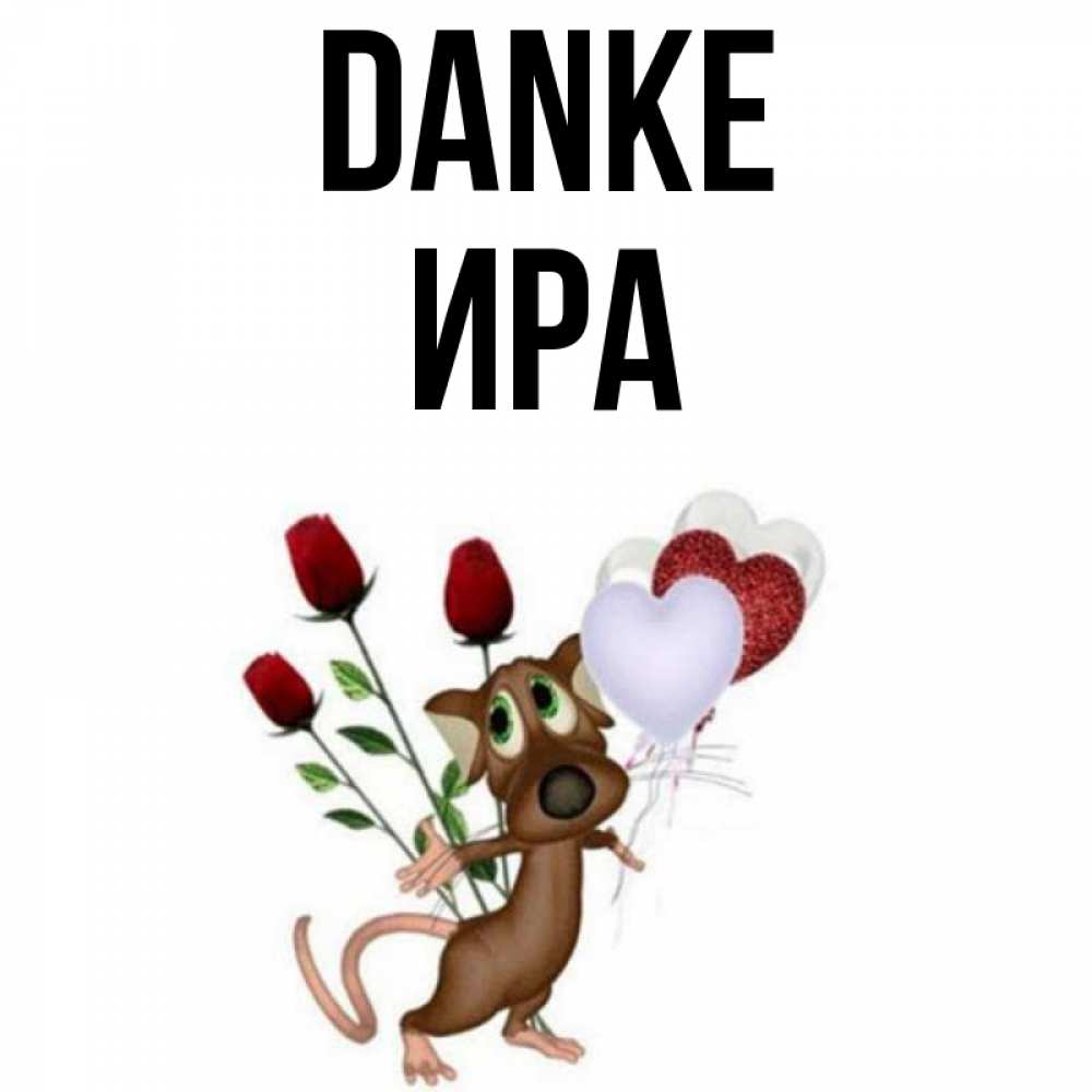 Открытка на каждый день с именем, Ира Danke песик с шариками в форме сердец Прикольная открытка с пожеланием онлайн скачать бесплатно 