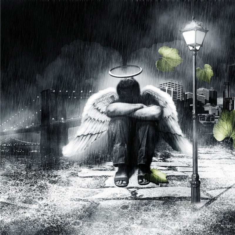 Открытка ангел у Бруклинского моста  фонарь и Бруклин  Sei nicht traurig 