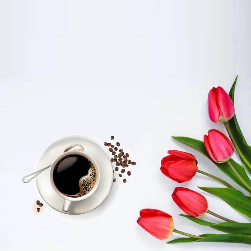 Открытка тюльпаны и кофе  красное блюдце  Guten Morgen 