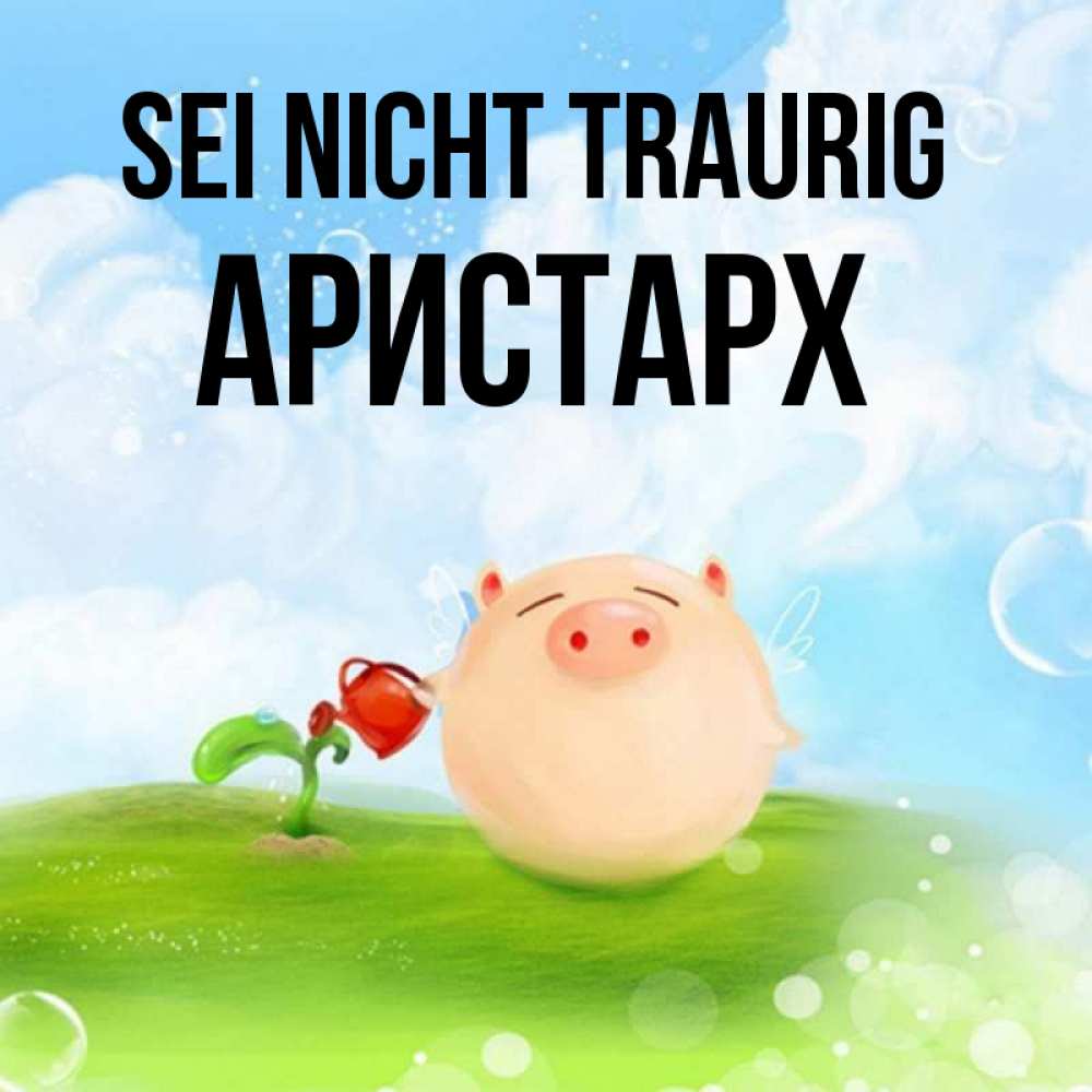 Открытка на каждый день с именем, Аристарх Sei nicht traurig поливает цветок порося Прикольная открытка с пожеланием онлайн скачать бесплатно 