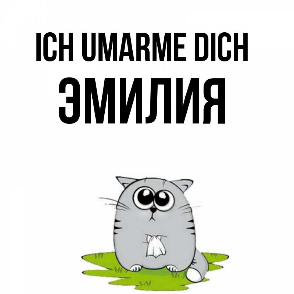 Открытка на каждый день с именем, Эмилия Ich umarme dich котик теребит платочек сидя на травке Прикольная открытка с пожеланием онлайн скачать бесплатно 