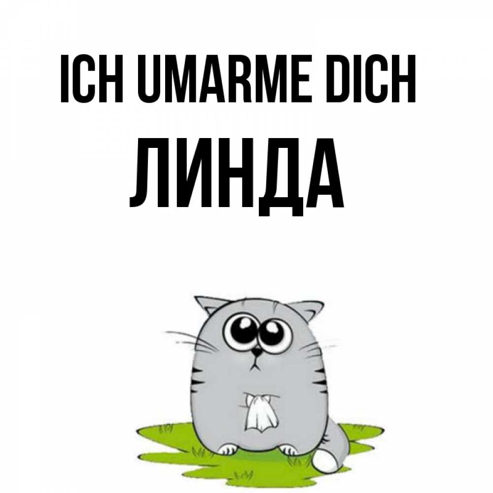 Открытка на каждый день с именем, Линда Ich umarme dich котик теребит платочек сидя на травке Прикольная открытка с пожеланием онлайн скачать бесплатно 